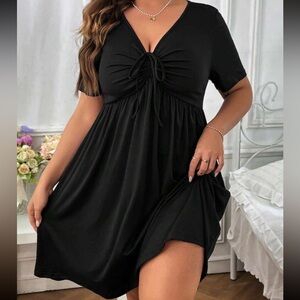 SHEIN Black V-Neck Ruched Empire Waist Dress